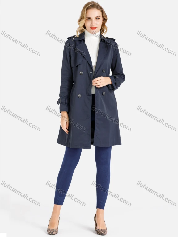 Wholesale Women's Plain Double Breasted Buckle Belted Casual Trench Coat 061#