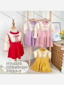 Wholesale Girls Casual Round Neck Long Sleeve Lace Trim Ruffle Hem Knit Dress (Pack Of 12) 2272#, LIUHUA CLOTHING WHOLESALE