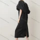 Wholesale Women's Elegant Plain Crew Neck Pleated Half Sleeve Split Hem Patch Pocket Midi Dress Black Clothing Wholesale Market Liuhua