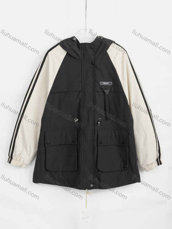 Wholesale Women's Fashion Plain Contrast Colorblock Striped Trim Hooded Flap Pockets Jacket 2326#