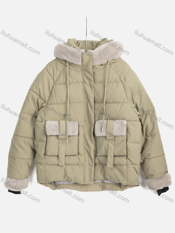 Wholesale Women's Casual Plain Splicing Drawstring Flap Pockets Hooded Thermal Puffer Coat 2306#