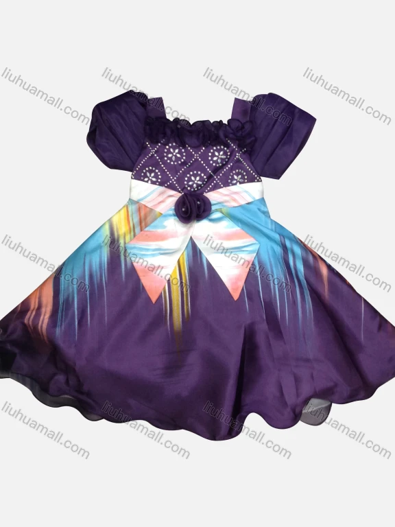 Wholesale Girls Lovely Square Neck Cap Sleeve 3D Floral Rhinestone Appliques Ruched Tiered Ruffle Trim Dress