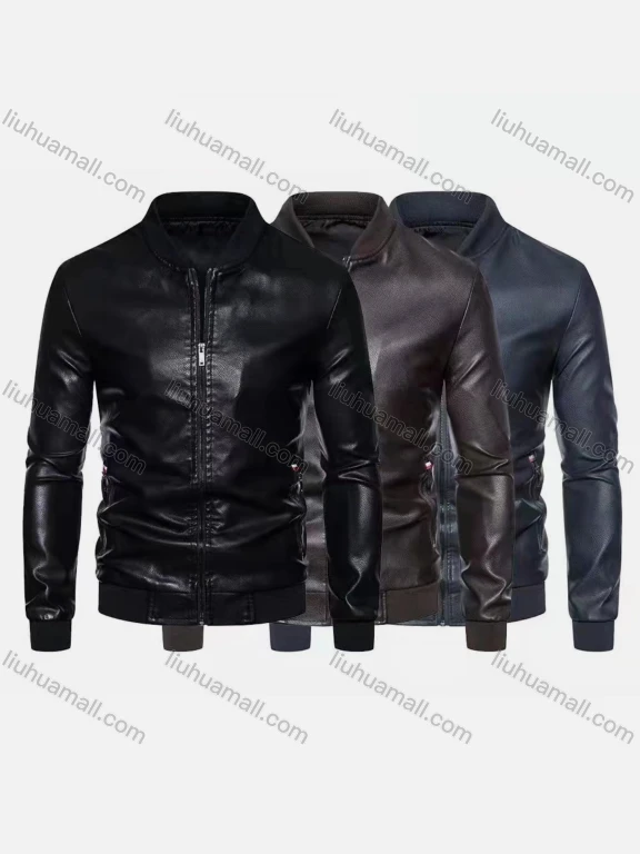 Wholesale Men's Fashion Moto Stand Collar Splicing Zipper Leather Jacket