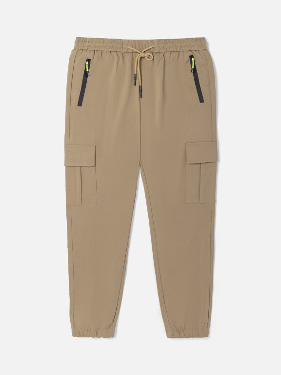 Men's Casual Multiple Zipper Pockets Plain Elastic Waist Drawstring Pant 2#, Clothing Wholesale Market -LIUHUA, MEN, Pants-Trousers