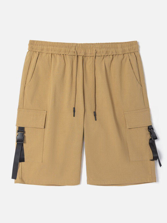 Men's Casual Plain Drawstring Buckle Flap Pockets Elastic Waist Cargo Shorts 3#, Clothing Wholesale Market -LIUHUA, 