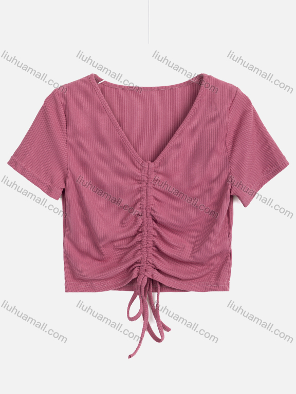 Wholesale Women's Casual Plain V Neck Short Sleeve Ruched Drawstring Top & Skirt Sets 2567#