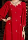 Wholesale Women's Muslim Islamic Plain Sweetheart Neck 3/4 Sleeve Rhinestone Maxi Dress BA3054# - Liuhuamall