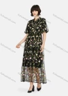 Wholesale Women's Casual Floral Embroidery Tie Neck Half Sleeve Mesh Ruffle Hem Maxi Dress - Liuhuamall