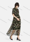 Wholesale Women's Casual Floral Embroidery Tie Neck Half Sleeve Mesh Ruffle Hem Maxi Dress - Liuhuamall