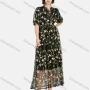 Wholesale Women's Casual Floral Embroidery Tie Neck Half Sleeve Mesh Ruffle Hem Maxi Dress preview