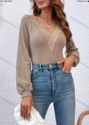 Wholesale Women's Casual Plain V Neck Lace Trim Long Sleeve Blouse - Liuhuamall