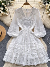 Wholesale Women's Elegant V Neck Plain Lace Trim Ruched Button Decor Eyelet Embroidered Lantern Sleeve Knee Length Dress, LIUHUA CLOTHING WHOLESALE