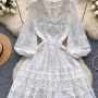 Wholesale Women's Elegant V Neck Plain Lace Trim Ruched Button Decor Eyelet Embroidered Lantern Sleeve Knee Length Dress preview