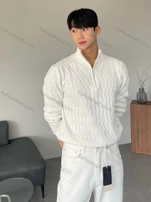 Wholesale Men's Casual Plain Long Sleeve Stand Collar Quarter Zip Texture Cable Knit Sweater, LIUHUA CLOTHING WHOLESALE