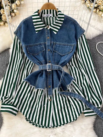 Wholesale Women's Trendy Button Down Denim Vest Stitching Striped Pockets Frayed Raw Hem Shirt Dress With Belt