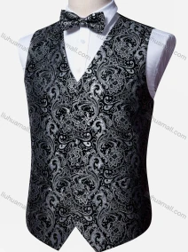 Wholesale Men's Vintage V Neck Single Breasted Folkloric Print Silky Waistcoat & Bow Tie 2-piece Set, LIUHUA CLOTHING WHOLESALE