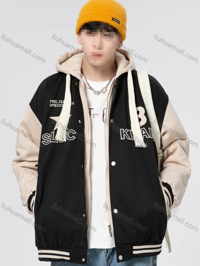 Wholesale Men's Letter Contrast Long Sleeve Patch Pocket Button Down Drawstring Unisex Hooded Baseball Jacket 6898#