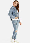Wholesale Women's Slim Fit Pearl Decor Flap Pockets Button Front Denim Jacket & Ripped Beaded Skinny Jeans Set - Liuhuamall