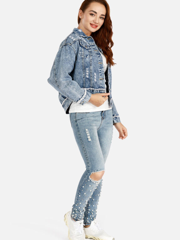 Women's Slim Fit Denim Jacket With Ripped Skinny Jeans Set, Clothing Wholesale Market -LIUHUA, Jeans%20%26%20Denim