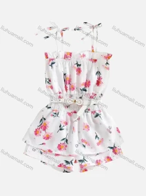 Wholesale Girl's Casual Floral Print & Butterfly Print Ruffle Hem Shirred Bow Tie Straps Cami Romper With Belt, LIUHUA CLOTHING WHOLESALE