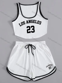 Wholesale Women's Sporty Contrast Curved Hem Tank Top & Drawstring Elastic Waist Shorts Set, LIUHUA CLOTHING WHOLESALE