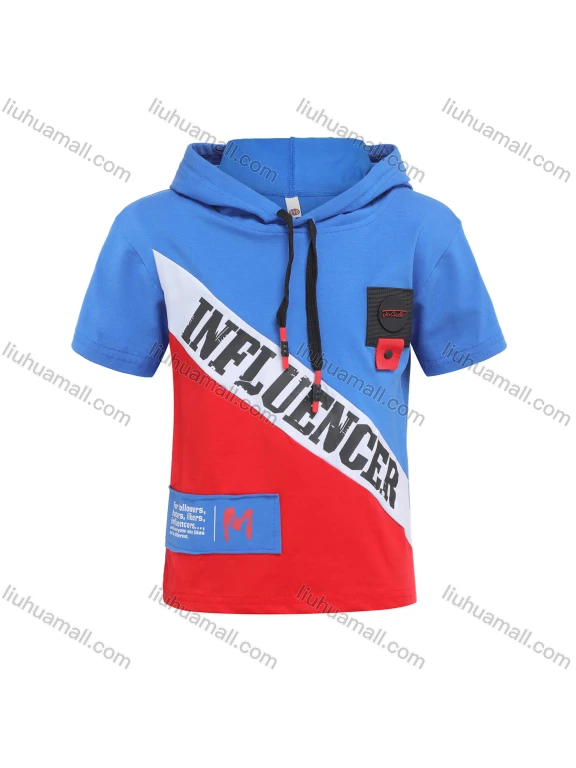 Wholesale Boys Casual Letter Print Drawstring Colorblock Short Sleeve Hoodie