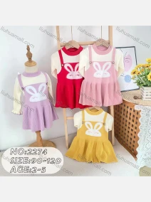 Wholesale Girls Casual Round Neck Long Sleeve Cartoon Pattern Ruffle Hem Knit Dress (Pack Of 12) 2274#, LIUHUA CLOTHING WHOLESALE