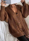 Wholesale Women's Plain Loose Fit Button Front Lantern Sleeve Cable Knit Cardigan - Liuhuamall