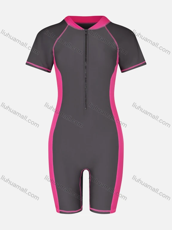 Wholesale Women's Athletic One Piece Short Sleeve Zipper Front Contrast Color Kneeskin Professional Swimsuit