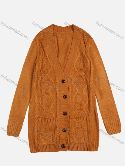 Wholesale Women's Winter V Neck Plain Button Up Rib-Knit Duel Pocket Cardigan