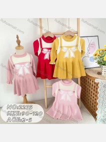 Wholesale Girls Casual Round Neck Long Sleeve Bow Knot Pattern Ruffle Hem Knit Dress (Pack Of 12) 2275#, LIUHUA CLOTHING WHOLESALE