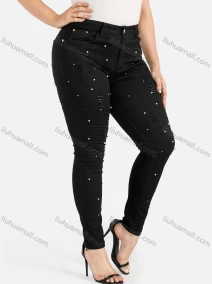 Wholesale Women's Ripped Pockets Rhinestone Tailored Straight Leg Long Pants, LIUHUA CLOTHING WHOLESALE
