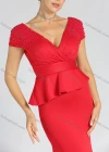 Wholesale Women's Elegant Plain Wrap V Neck Zip Back Beaded Pleated Ruched Mermaid Maxi Evening Dress - Liuhuamall