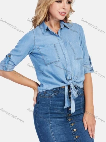 Wholesale Women's Casual Long Sleeve Button Down Denim Shirt With Patch Pocket, LIUHUA CLOTHING WHOLESALE