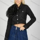 Wholesale Women's Fashion 3D Floral Button Down Collared Flap Pockets Ripped Long Sleeve Crop Denim Jacket Black Clothing Wholesale Market Liuhua