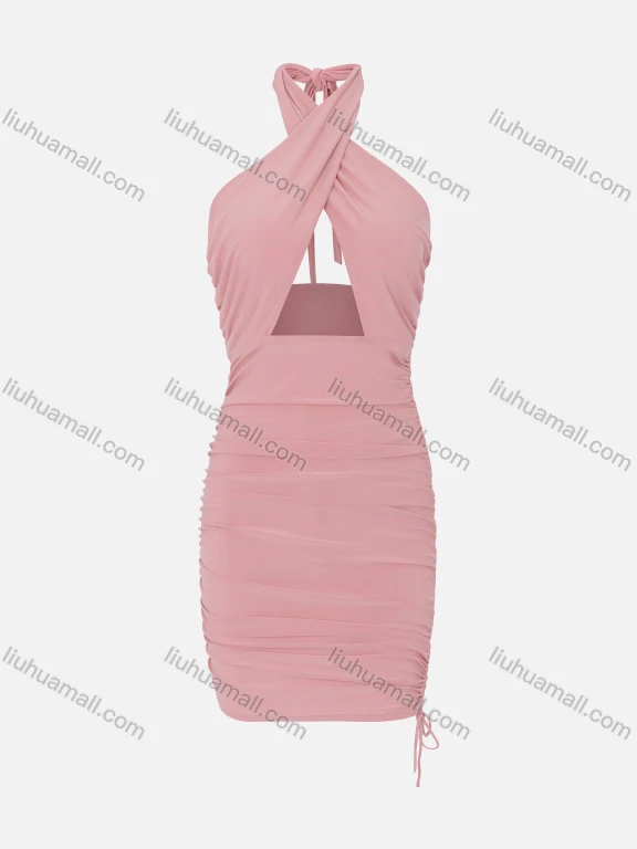Wholesale Women's Sexy Halter Wrap Criss Cross Cut Out Ruched Drawstring Bodycon Club Dresses LN2832#