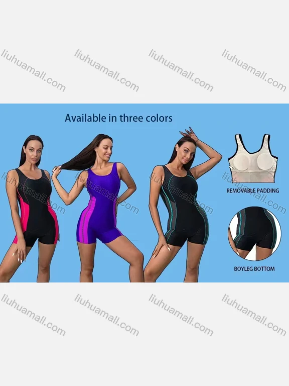Wholesale Women's One Piece Striped Colorblock Surfing Boyleg Athletic Swimsuit