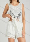Wholesale Women's Casual Butterfly Guipure Lace Hem Round Neck Tank Top & Shorts 2 Piece Set - Liuhuamall
