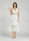 Wholesale Women's Elegant Plain V Neck Eyelet Embroidered Hollow Out Midi Dress - Liuhuamall