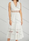 Wholesale Women's Elegant Plain V Neck Eyelet Embroidered Hollow Out Midi Dress - Liuhuamall