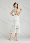 Wholesale Women's Elegant Plain V Neck Eyelet Embroidered Hollow Out Midi Dress - Liuhuamall