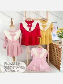 Wholesale Girls Casual Round Neck Long Sleeve Bow Knot Ruffle Hem Knit Dress (Pack Of 12) 2276#, LIUHUA CLOTHING WHOLESALE