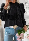 Wholesale Women's Casual Ruffle Trim Plain Layered Long Sleeve Button Down Blouse - Liuhuamall
