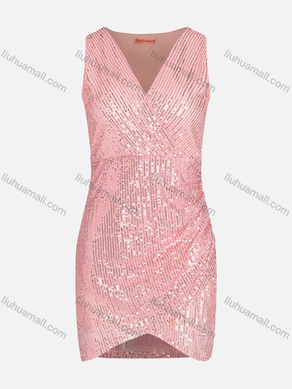 Wholesale Women's Sexy Sleeveless Wrap V Neck Sequins Bodycon Short Dress