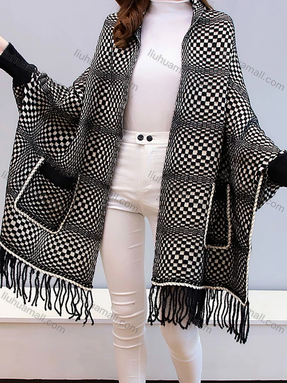 Wholesale Women's Casual Checkerboard Print Scarf Hem Pocket Cover Up Cardigan