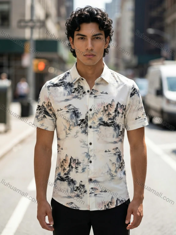 Wholesale 2026 Men's Slim Fit Short Sleeve Shirt, Chinese Landscape Painting Print Casual Fashion, Wholesale In Stock Summer Shirt