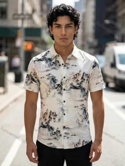 Wholesale 2026 Men's Slim Fit Short Sleeve Shirt, Chinese Landscape Painting Print Casual Fashion, Wholesale In Stock Summer Shirt