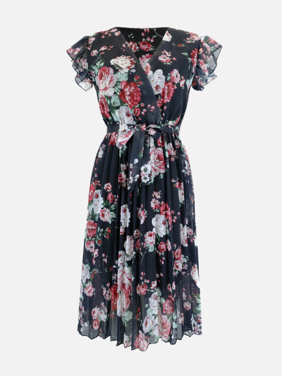 Women's Chiffon Cap Sleeve Wrap V Neck Floral Print Midi Pleated Dress With Belt LS3006#, Clothing Wholesale Market -LIUHUA, 
