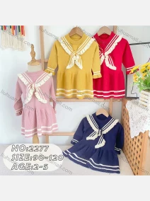 Wholesale Girls Casual Round Neck Long Sleeve Bow Knot Ruffle Hem Knit Dress (Pack Of 12) 2277#, LIUHUA CLOTHING WHOLESALE