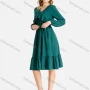 Wholesale Women's Peacock Green V Neck Ruffle Trim Pearl Applique Long Sleeve Knee Length Dress With Belt preview